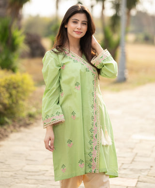 Lemon Green Angrakha Style Frock 2pc