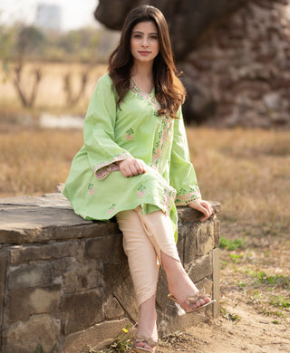 Lemon Green Angrakha Style Frock 2pc