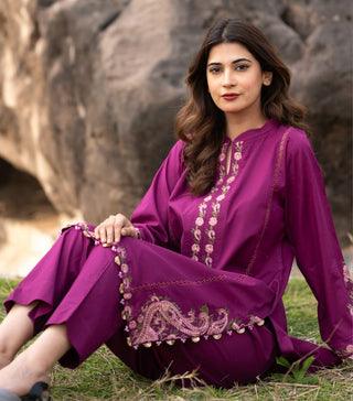 Plum Embroidered Shirt And Trouser