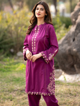 Plum Embroidered Shirt And Trouser