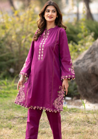 Plum Embroidered Shirt And Trouser