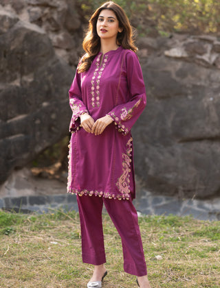 Plum Embroidered Shirt And Trouser