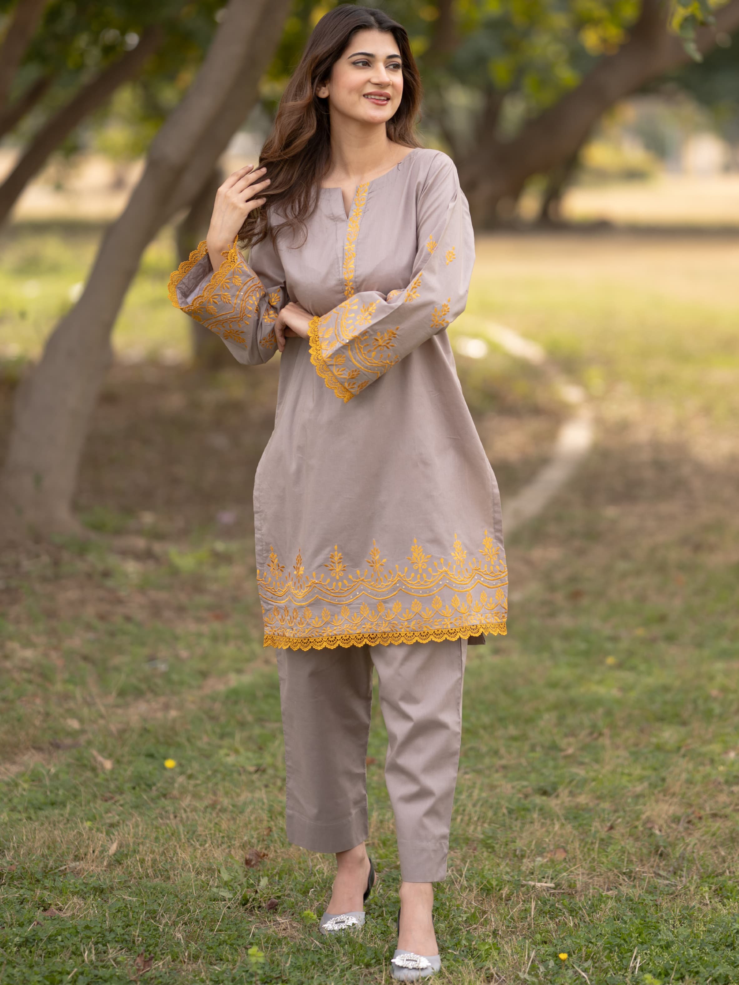 Grey With Mustard Embroidery