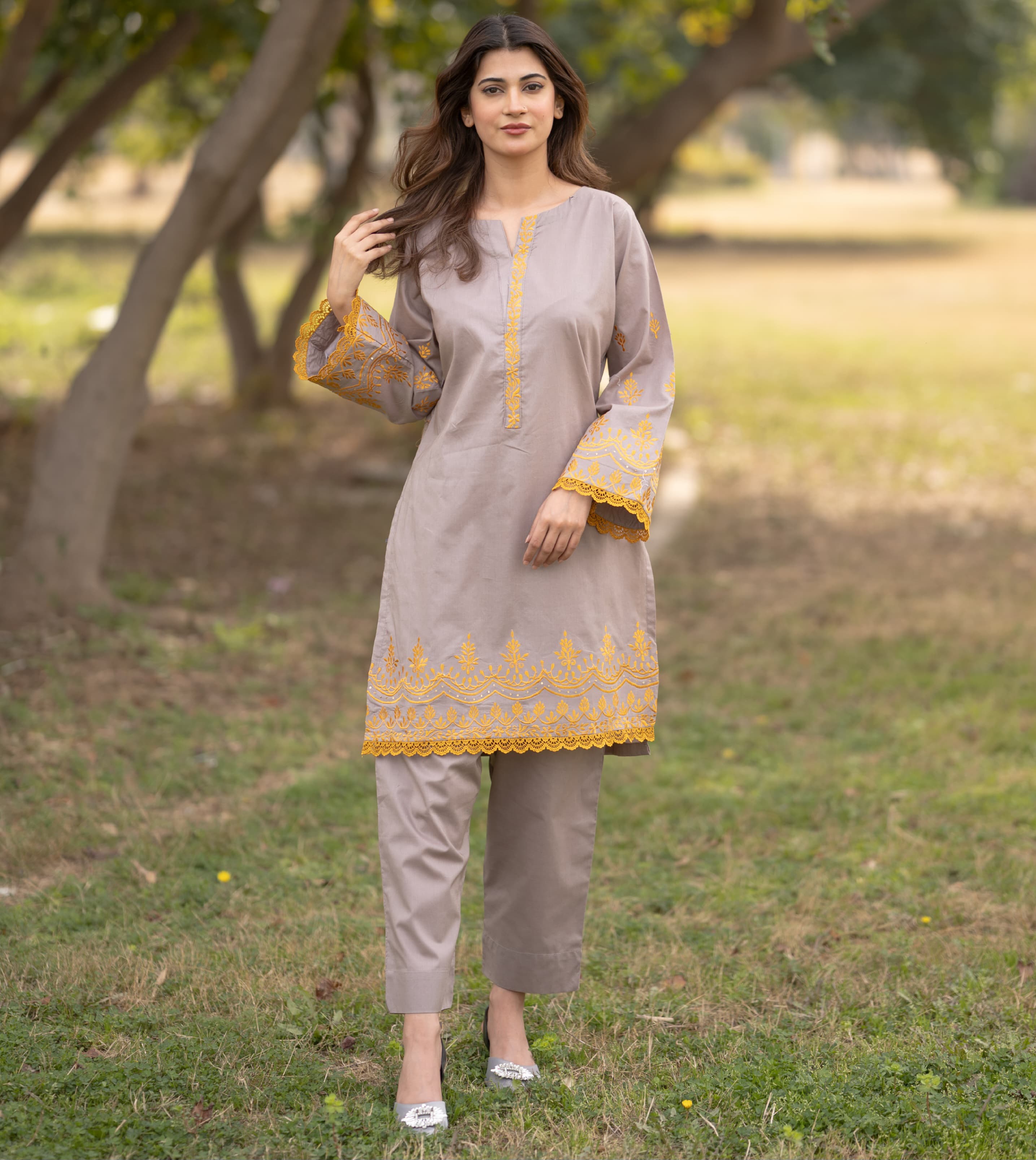 Grey With Mustard Embroidery