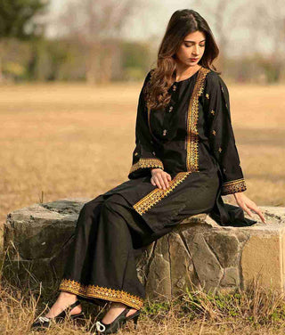 Black With Mustard Embroidery 2pc